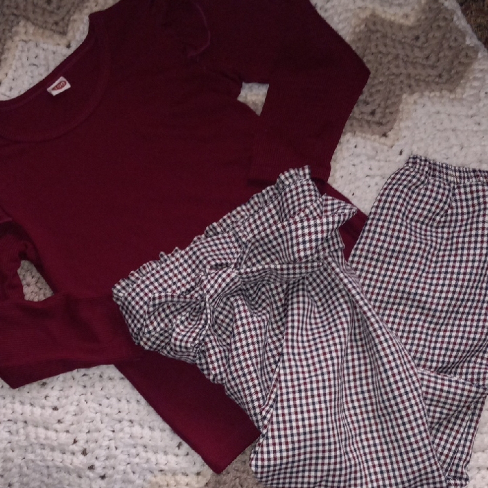 Burgundy Top and Checkered Pants Set